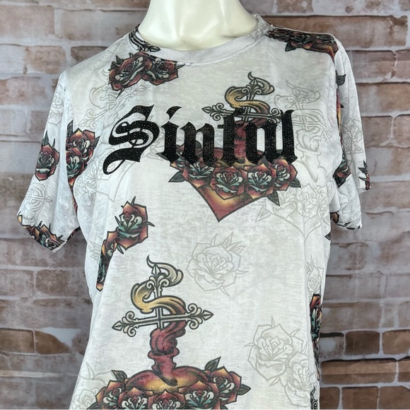 Sinful By Affliction Sacred Heart Rose Graphic Short Sleeve Tee - NWT - Size : L - Picture 2 of 7